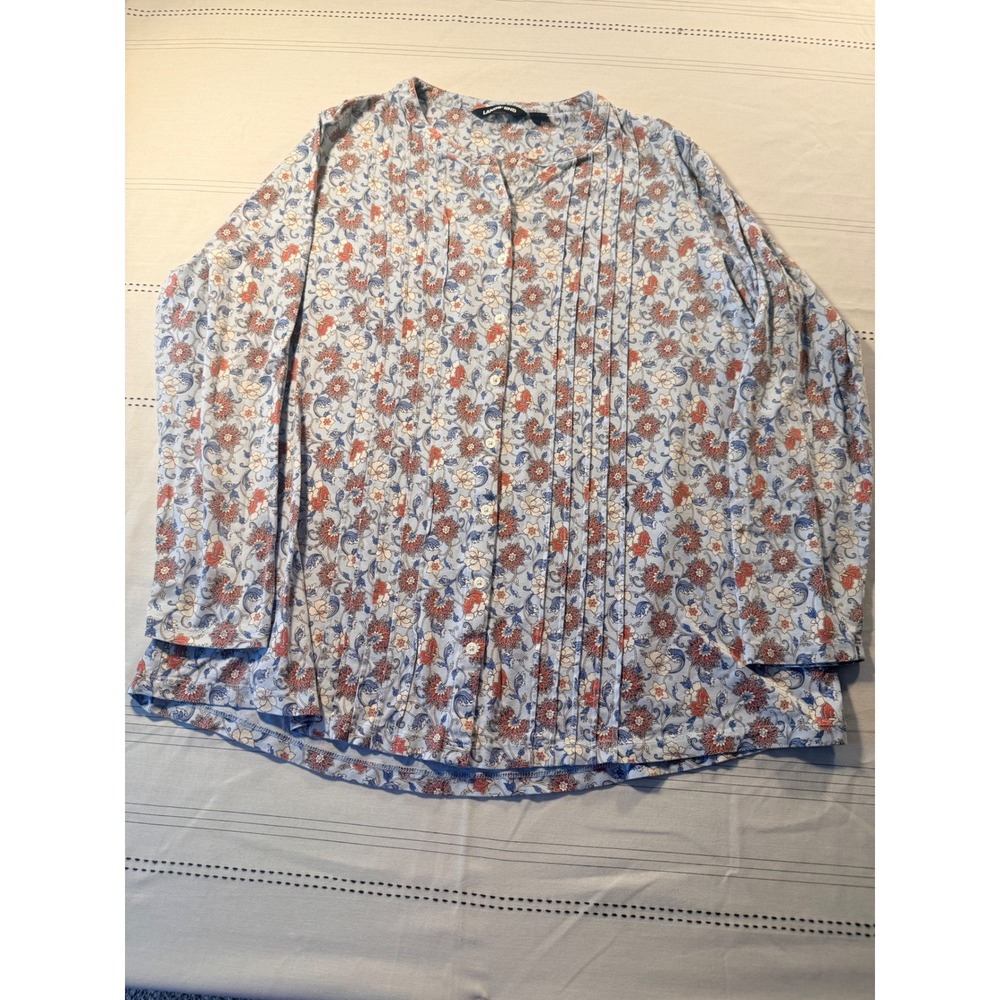 Lands End Womens 1X Blue Floral Pintuck Button Down Blouse Long Sleeve Top